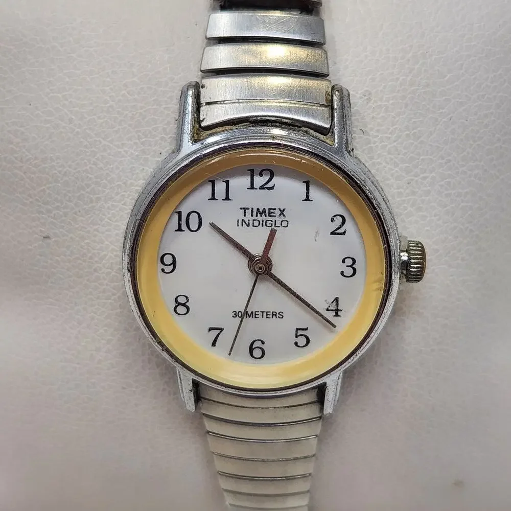 Timex Indiglo Ladies Stretch Band Watch Wristwatch Silver tone White Dial Works